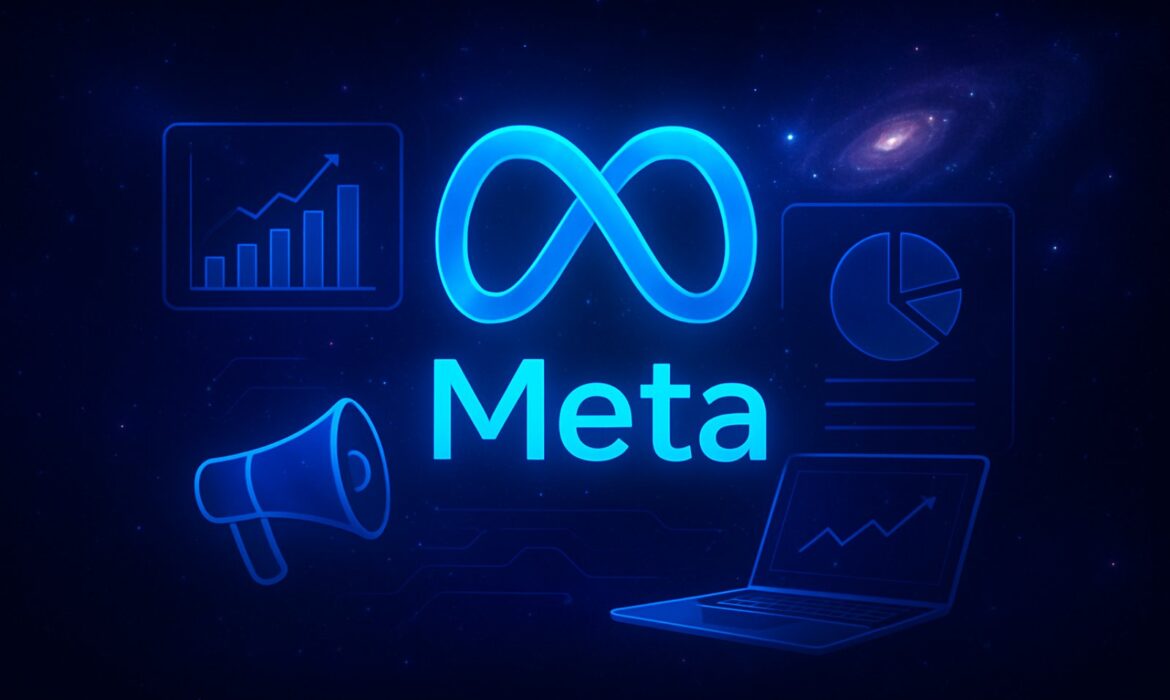 Blue glowing Meta logo in a digital universe background, surrounded by icons of a bar chart, pie chart, megaphone, laptop, and galaxy.
