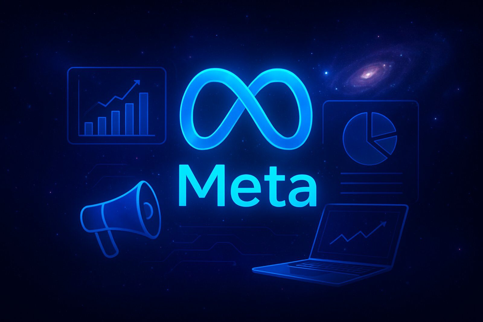 Blue glowing Meta logo in a digital universe background, surrounded by icons of a bar chart, pie chart, megaphone, laptop, and galaxy.