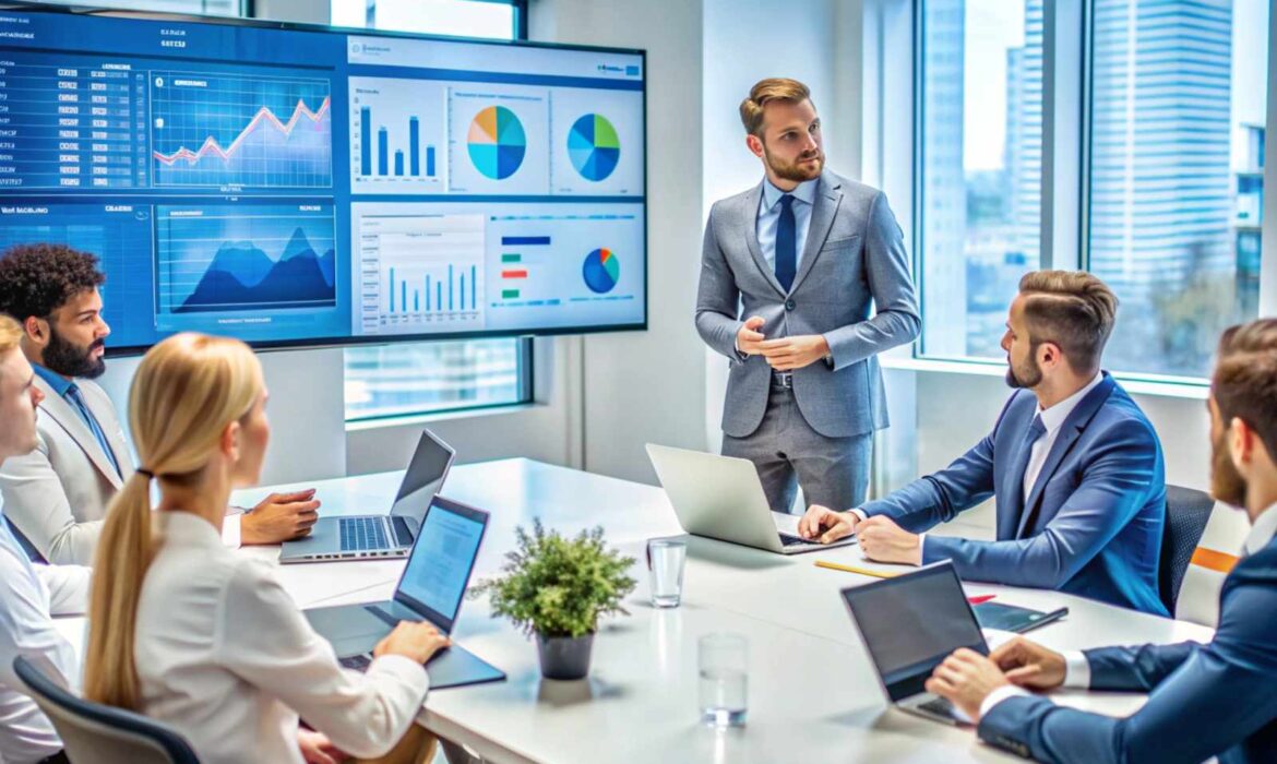 A business meeting in a modern office with six professionals. One person presents data on charts displayed on a screen. The setting is focused and collaborative.