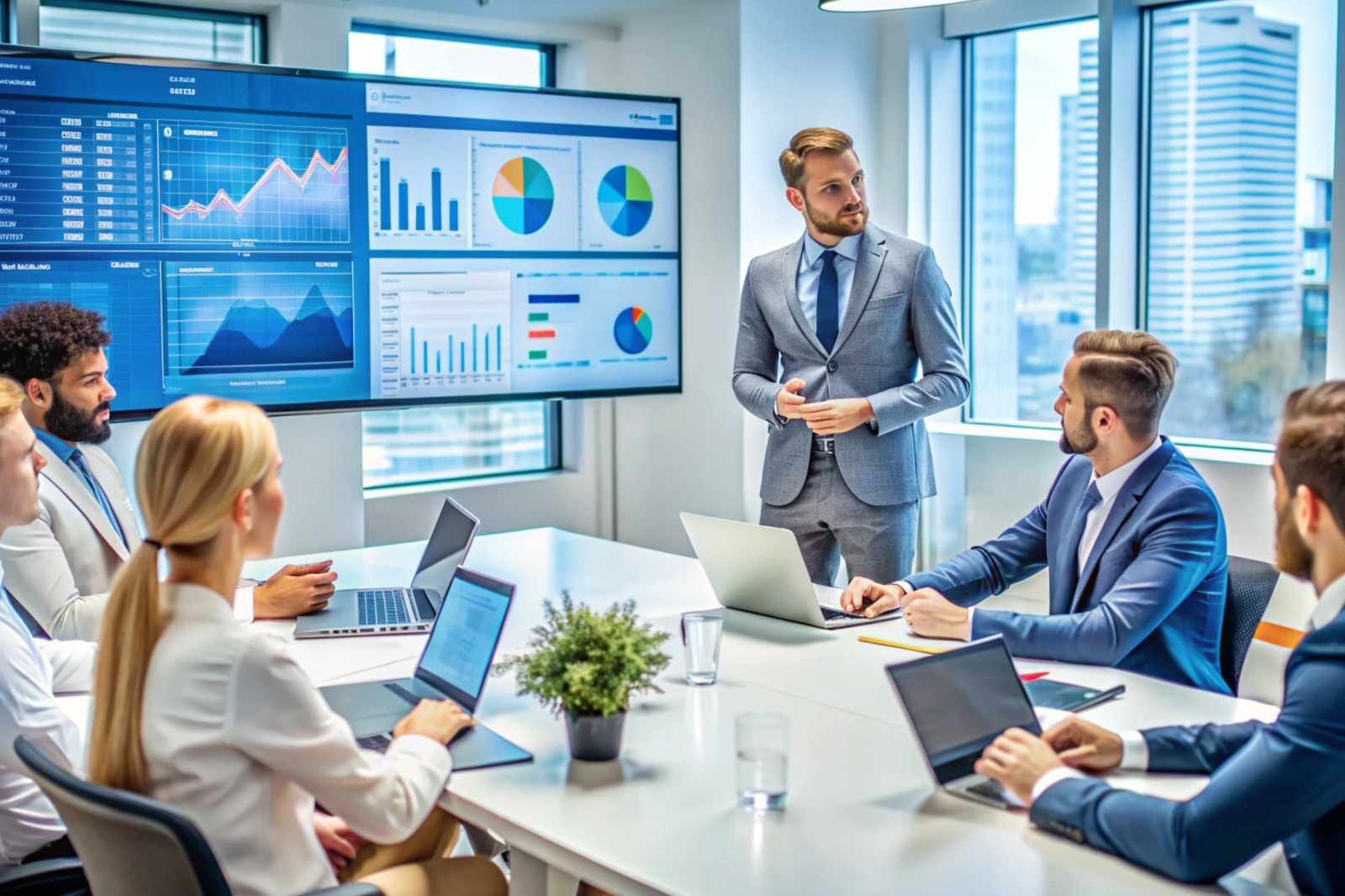 A business meeting in a modern office with six professionals. One person presents data on charts displayed on a screen. The setting is focused and collaborative.
